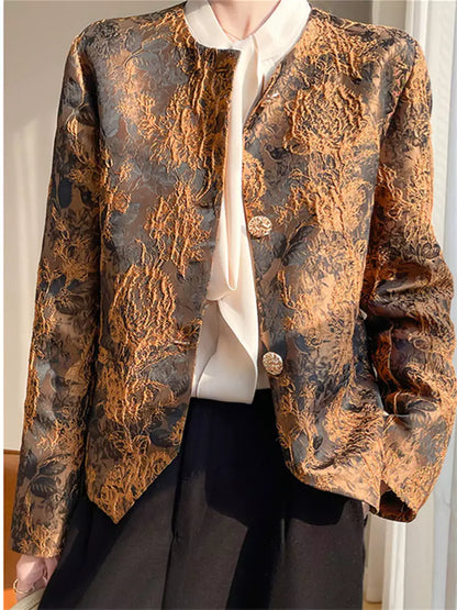 Elegante aprikosenfarbene Jacquard-Jacke mit Rundhalsausschnitt und orientalischem Design
