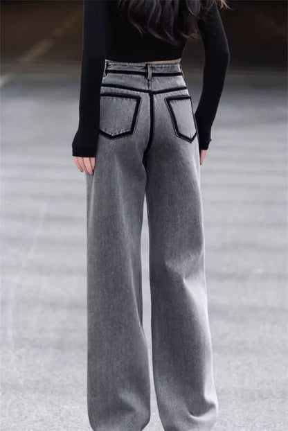 Fashionable Smoke Grey Side Stripe Straight Leg Jeans for Women