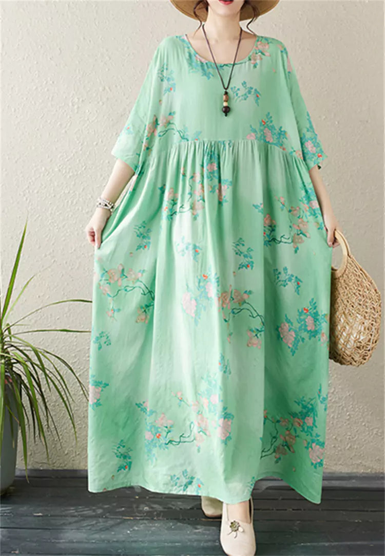 Bohemian Vacation Style Cotton Linen Maxi Dress Short Sleeve