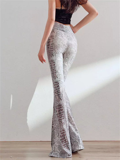 Pantalones acampanados de cintura alta con estampado de serpiente y alta elasticidad, con largo extendido y estampado dorado.