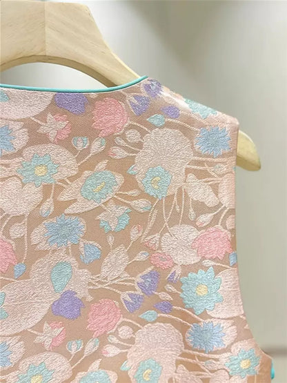 Rosa Brokatweste für Damen – Ärmellose Jacke im neuen chinesischen Stil