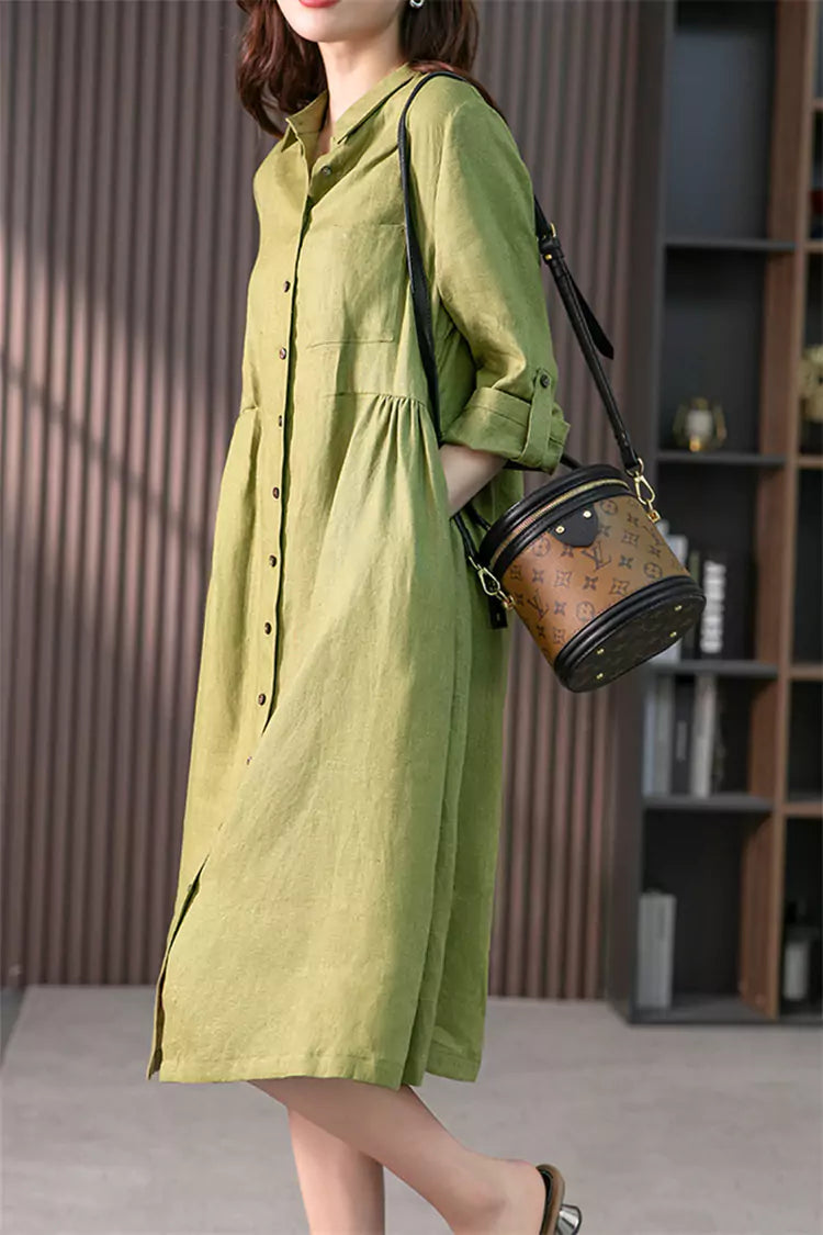 Elegant French-Style Pink Cotton Linen Shirt Dress