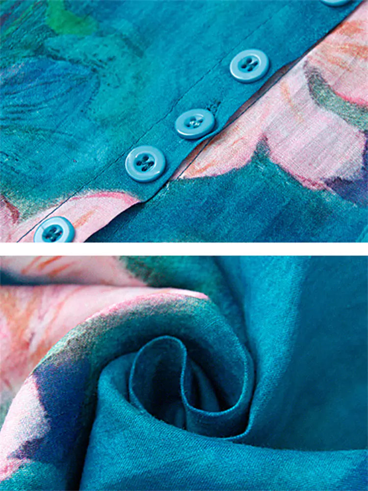 Plus Size High End Blue Floral Print Ramie Shirt for Women 3/4 Sleeve