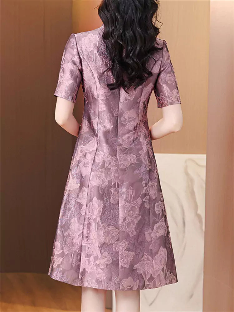 Modern Chinese Style Stand Collar Jacquard Qipao Dress with Waist-Cinching Design