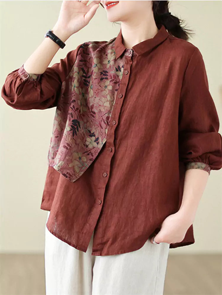 Casual Loose Fit Button Down Cotton Linen Blouse with Printed Patchwork for Women