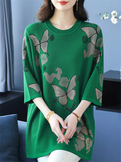 Top de punto estampado con cuello redondo y manga corta para mujer, de talla grande y moderno