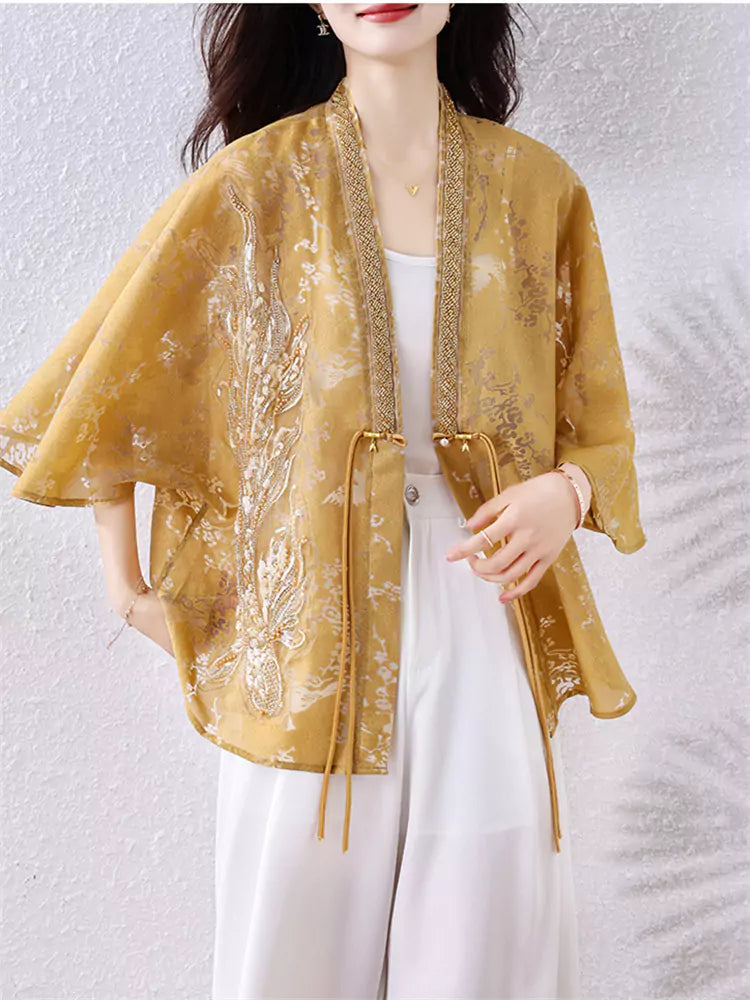 Chinese Style Batwing Sleeve Beaded Jacket for Women