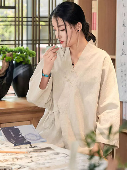 Vintage-Bluse aus gewaschenem Leinen-Baumwoll-Mischgewebe im chinesischen Stil mit Stehkragen für Damen