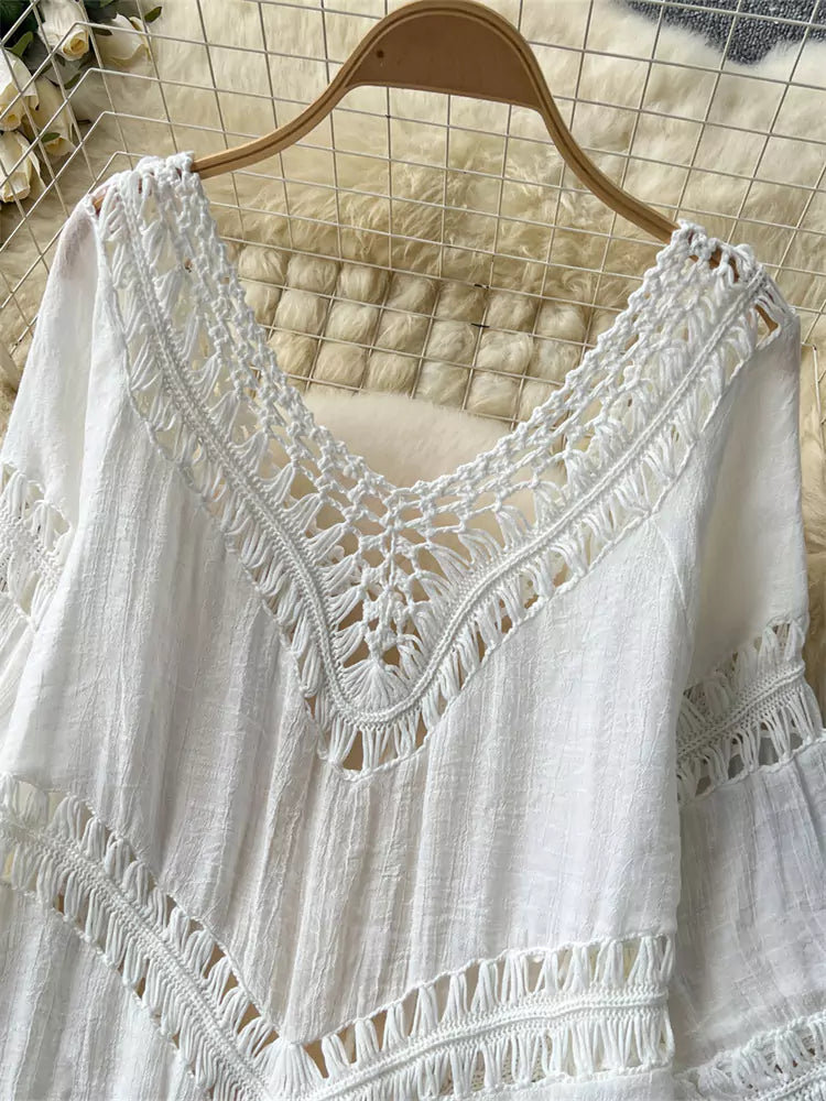 Beach Vacation Boho Crochet Hollow-Out V-Neck Tassel Cover-Up Dress