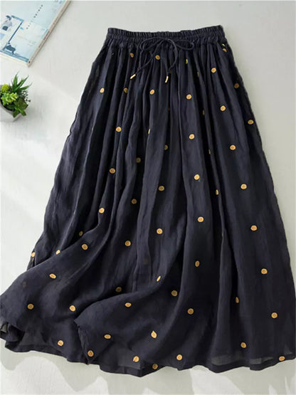 Hochtaillierter, doppellagiger A-Linien-Maxirock aus Ramie und Leinen mit Polka-Dots für Damen