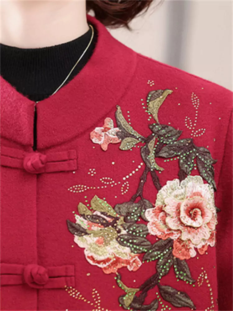 Kaschmirmantel im chinesischen Stil mit Blumenstickerei in Übergröße für Damen