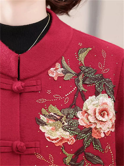 Kaschmirmantel im chinesischen Stil mit Blumenstickerei in Übergröße für Damen