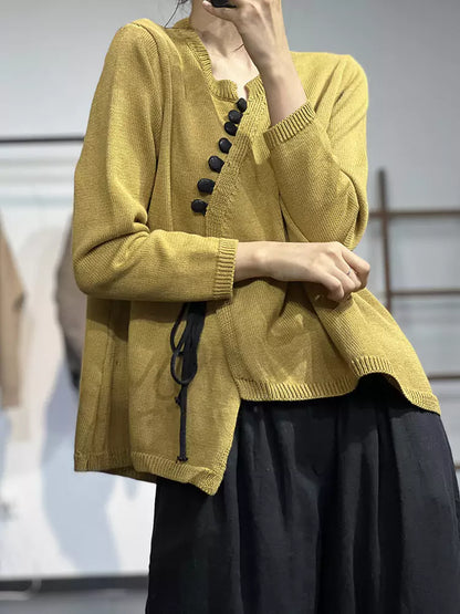 Blusa de punto asimétrica estilo chino vintage para mujer