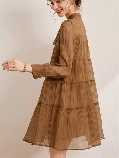 Elegantes, strukturiertes Midikleid mit langen Ärmeln und Schleife für Damen