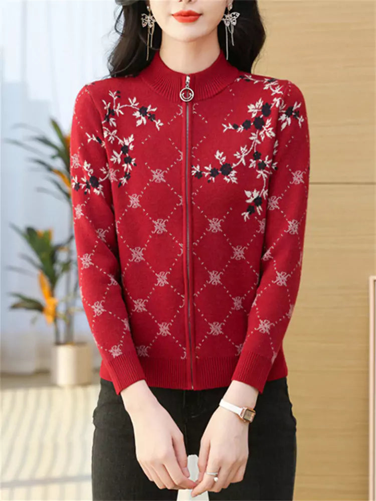 Elegante cárdigan de lana con cremallera y bordado para mujer