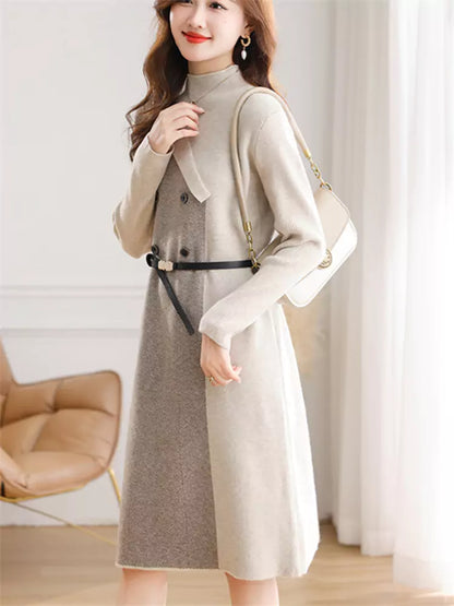 Strickkleid mit halbem Rollkragen für Damen – mittellanges, lässiges Herbst-Winter-Outfit