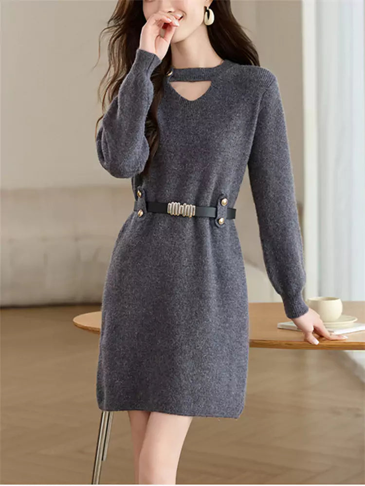 Women’s Red Hollow Knit Sweater Dress – Mid-Length Pullover for Autumn Winter