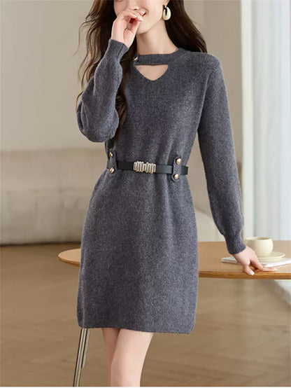 Rotes, hohles Strickkleid für Damen – mittellanger Pullover für Herbst und Winter