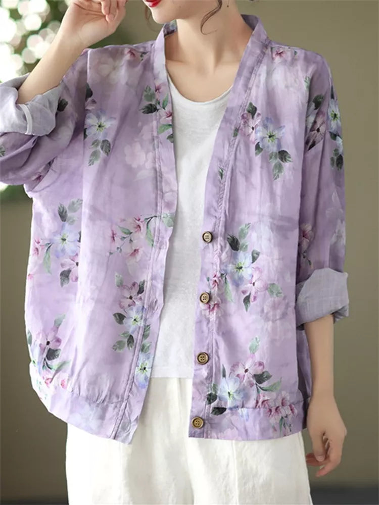 Camisa informal estampada de lino vintage azul para mujer 