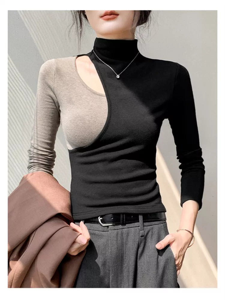 Half-Turtleneck Spliced Hollow Long Sleeve Slim Fit Top for Women
