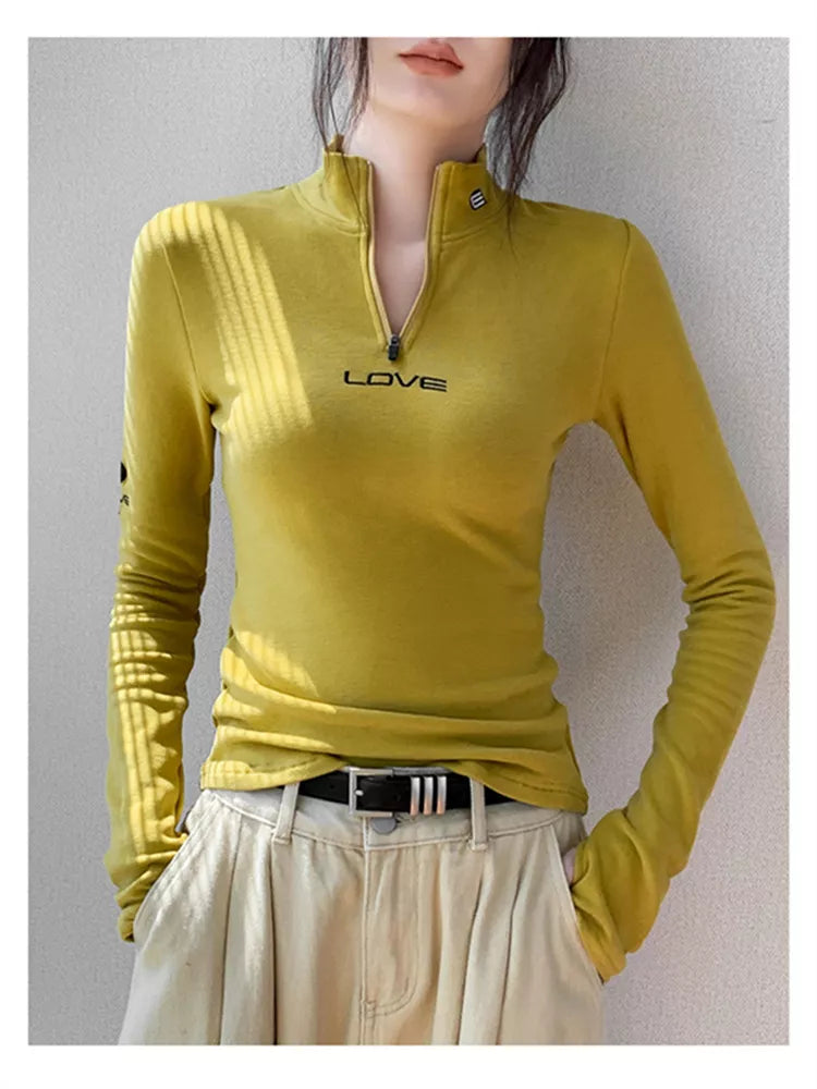 Half-Turtleneck Zip Long Sleeve Slim Fit Top for Women