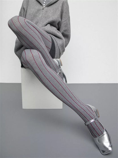 Strumpfhose aus Baumwollstrick mit Fischgrätmuster für Damen, Herbst/Winter