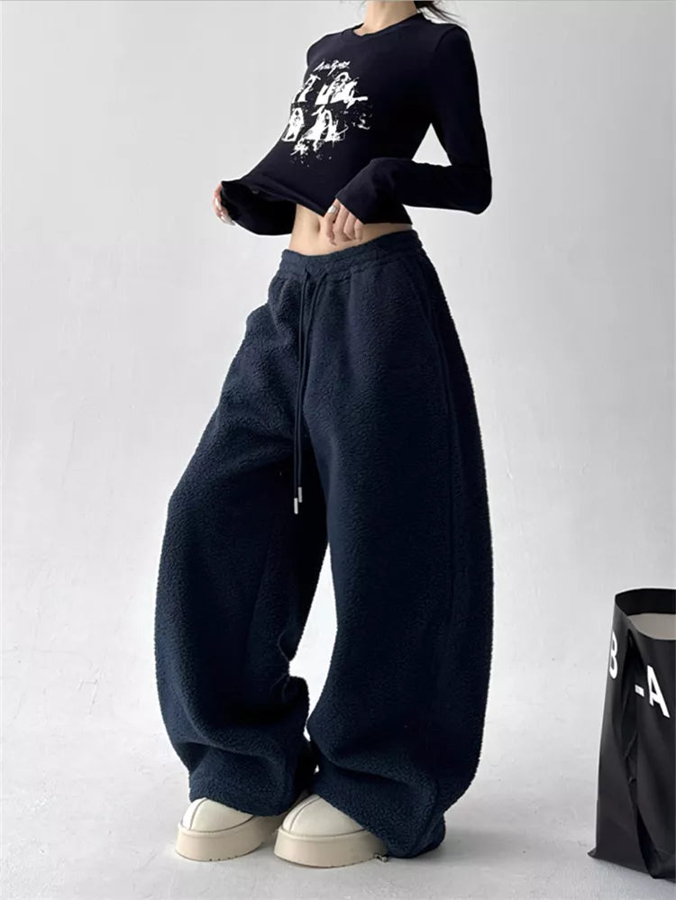 Pantalones anchos de sherpa sintética para mujer - Pantalones deportivos holgados y acogedores de felpa de peluche