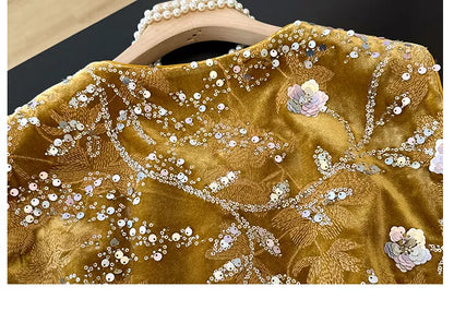 New Chinese Style Gold Velvet Sequin Embroidered Vest with Faux Feather Trim