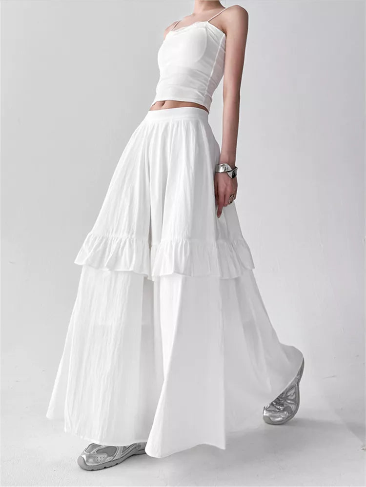 Women's White High-Waisted Tiered Ruffle Maxi Skirt Boho A-Line Long Cake Skirt