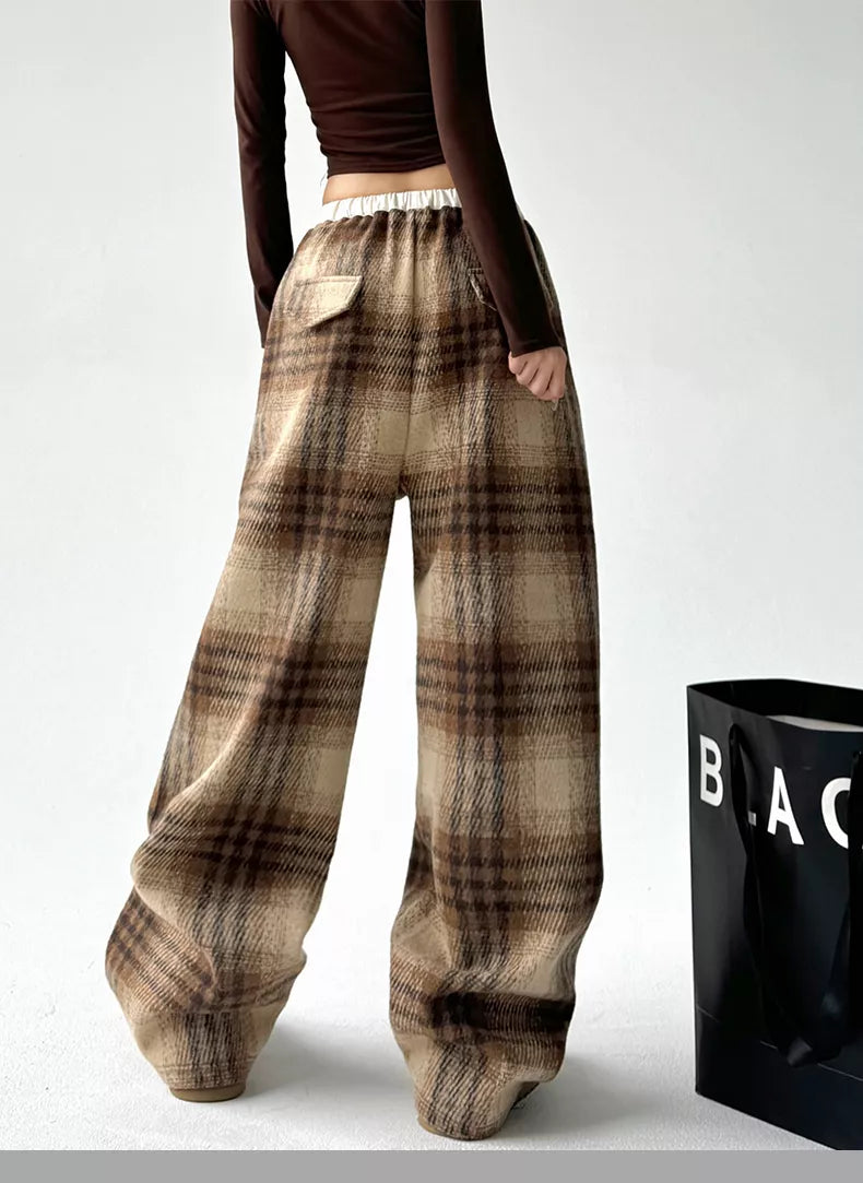 Women's Coffee High-Waisted Plaid Drawstring Woolen Wide Leg Pants