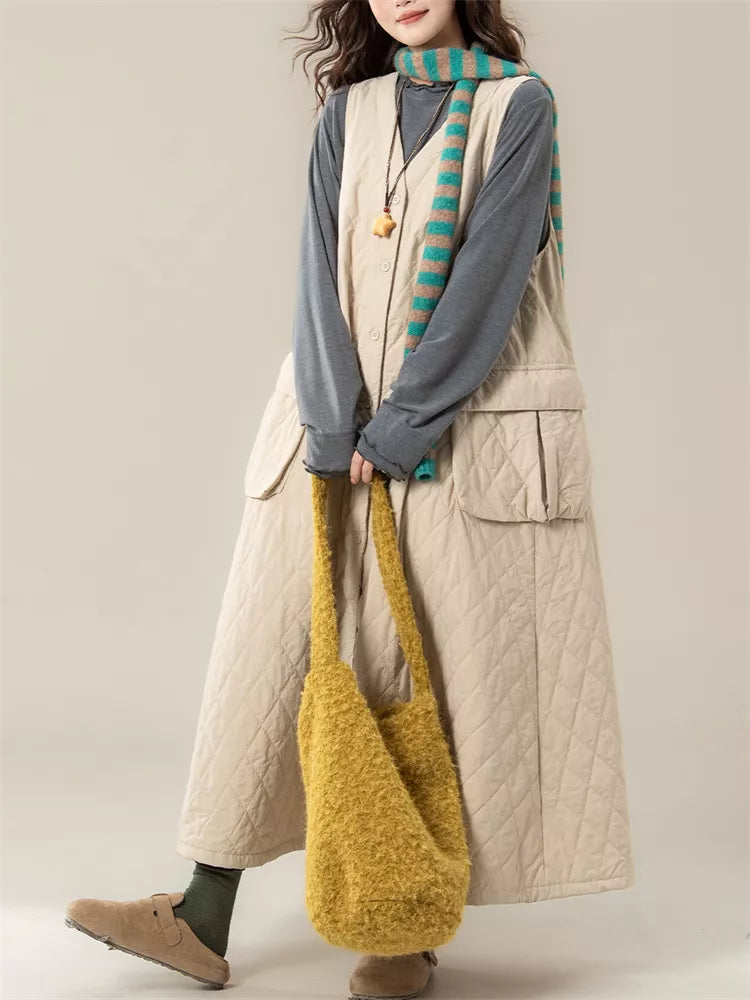 Women's Vintage Beige Diamond Quilted Vest Dress V-Neck Sleeveless Padded Pinafore