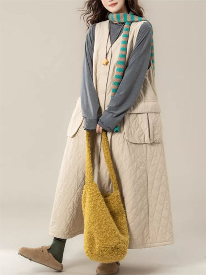 Women's Vintage Beige Diamond Quilted Vest Dress V-Neck Sleeveless Padded Pinafore