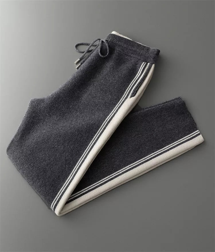 Men's Premium Pure Wool Knitted Tracksuit Set 2-Piece Striped Zip-Up Hoodie & Joggers