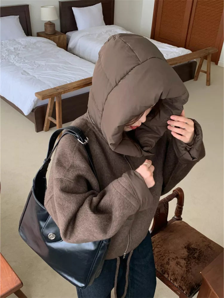 Women's Coffee Brown Woolen Zip-Up Short Jacket with Detachable Hooded Insert