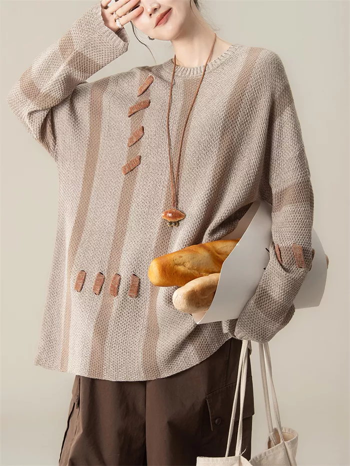 Women's Light Coffee Striped Knit Sweater Artistic Spliced Pullover