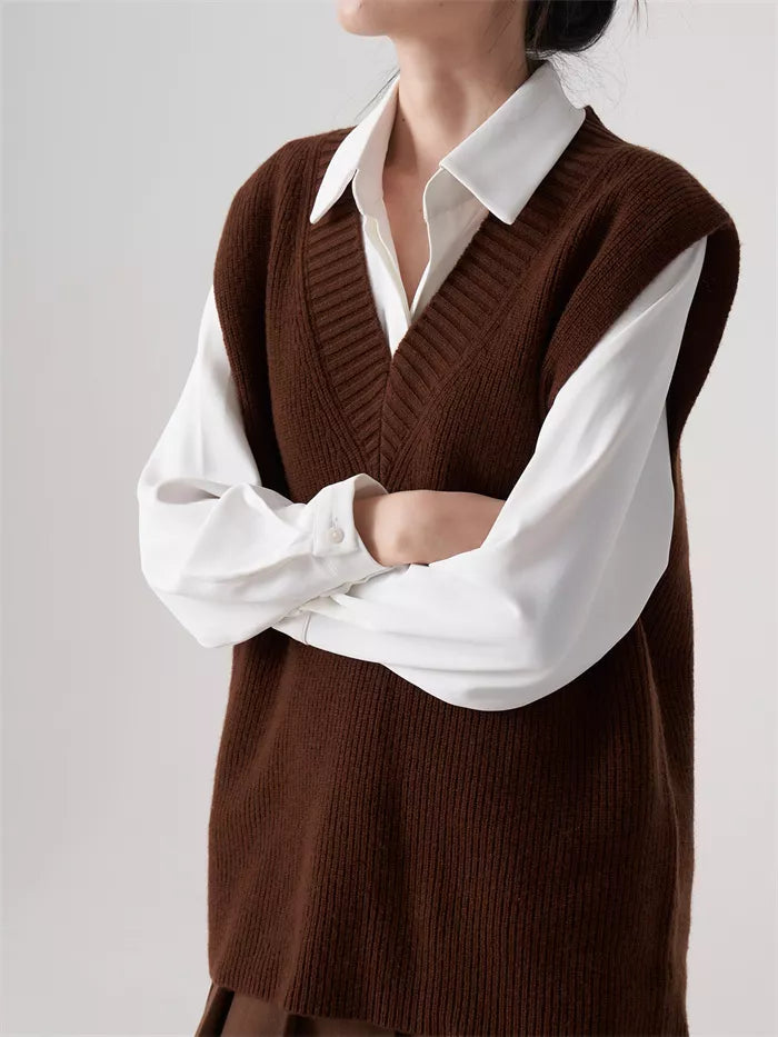 Women's Dark Brown Wool V-Neck Knit Vest Loose Sleeveless Pullover Sweater