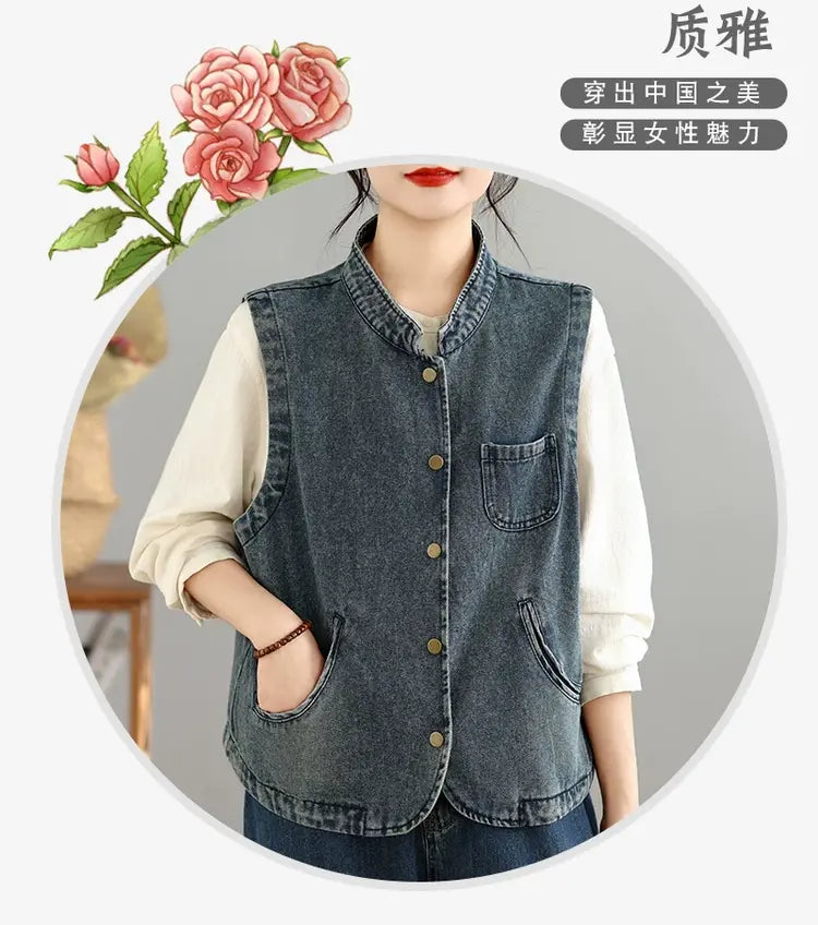 Distressed Washed Denim Vest for Women