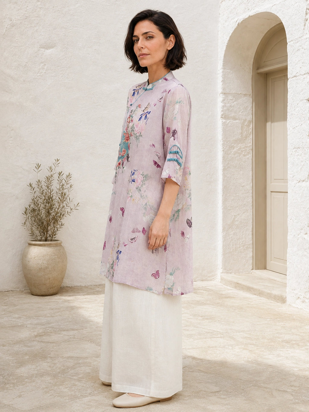 Relaxed Floral Tunic with Embroidered Panel & Tie Detail