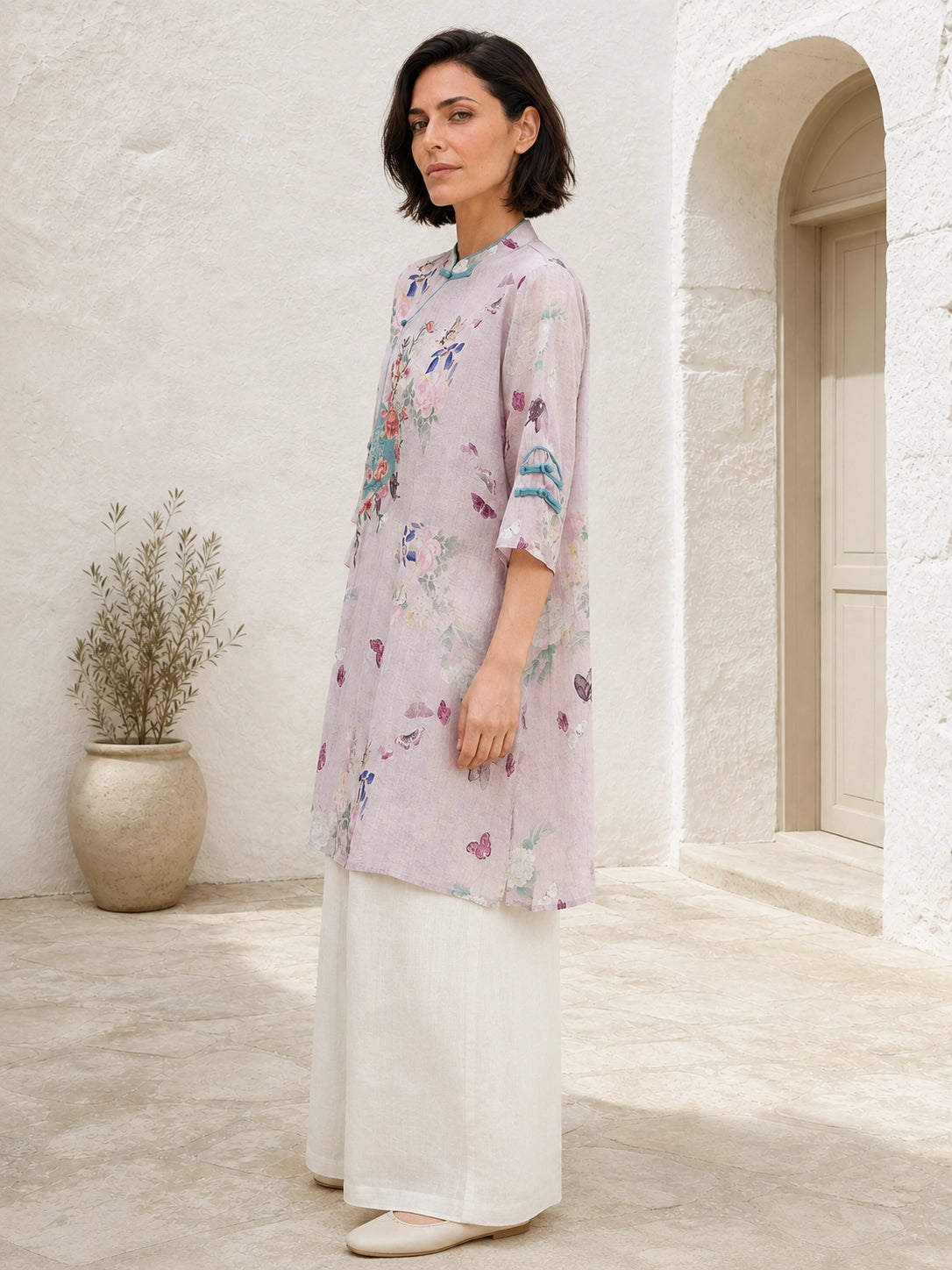 Relaxed Floral Tunic with Embroidered Panel & Tie Detail