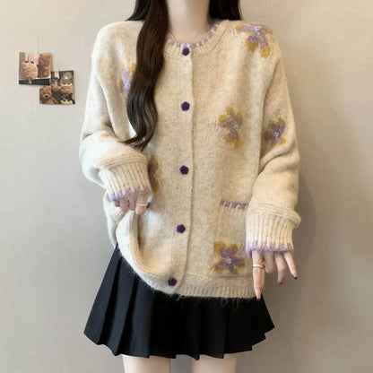 Gray Floral Embroidered Knit Cardigan Sweater