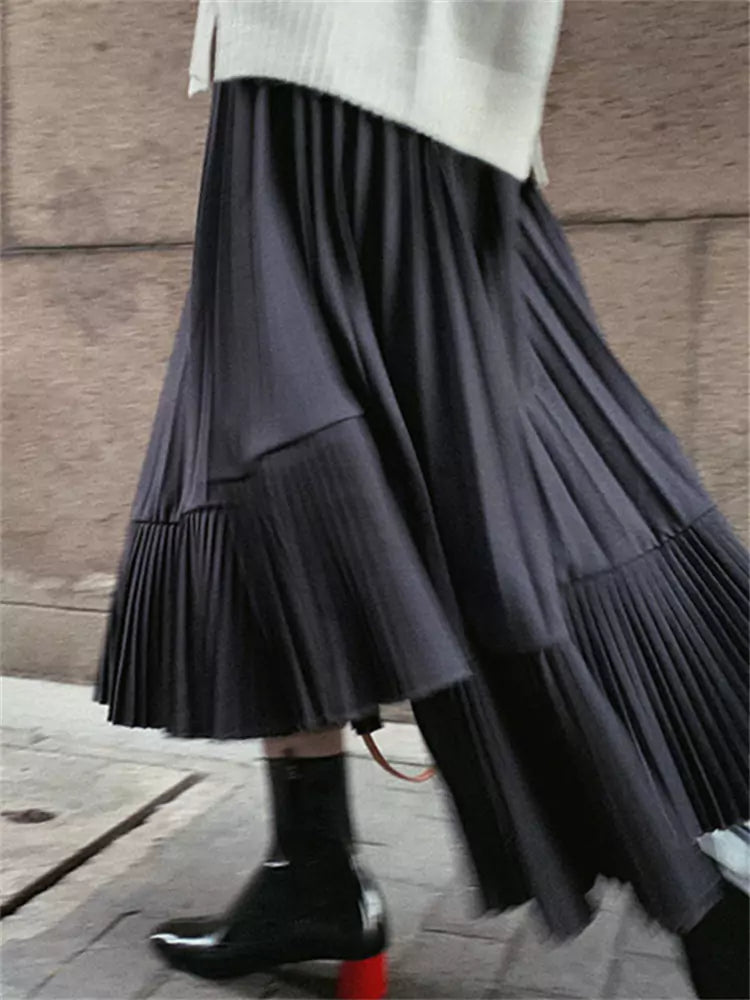 High-Waist Black Pleated Midi Skirt with Irregular Fishtail Hem