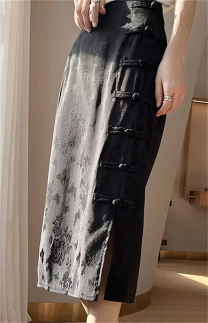 High-Waist Green Satin Jacquard Pencil Skirt with Frog Buttons and Slit