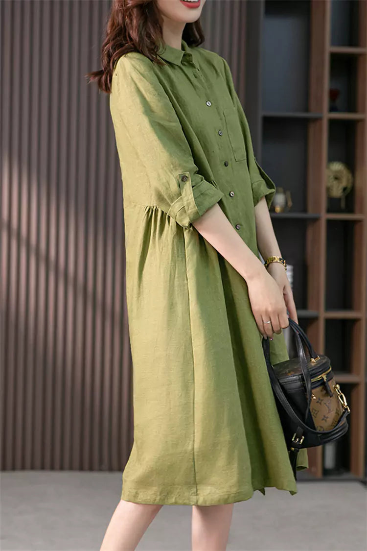 Elegant French-Style Pink Cotton Linen Shirt Dress