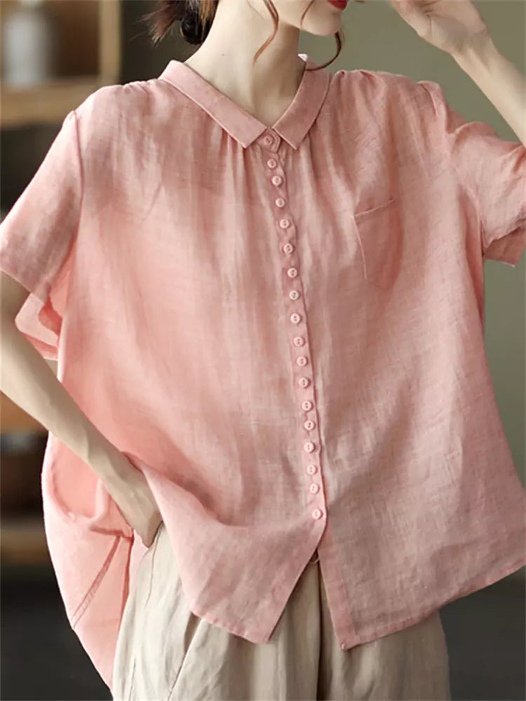 Minimalist Elegant Ramie Vintage Loose-Fit Peter Pan Collar Blouse for Women