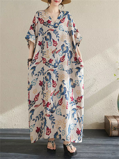 Maxikleid im Boho-Stil mit Blumenmuster aus Baumwoll-Leinen-Mischgewebe in Übergröße für Damen