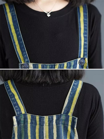 Plus Size Vintage Striped Denim Jumpsuit – Loose Fit & Slimming Casual Style