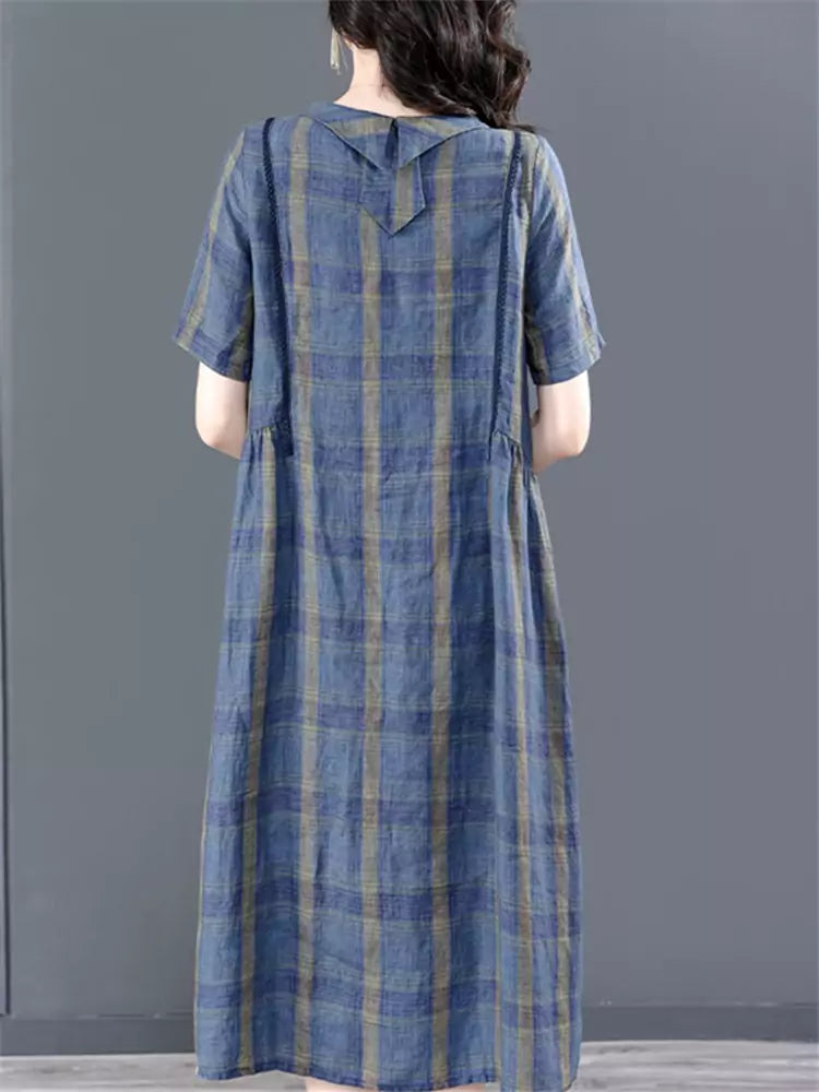 Elegant Plus Size Plaid Short Sleeve Midi Dress for Women