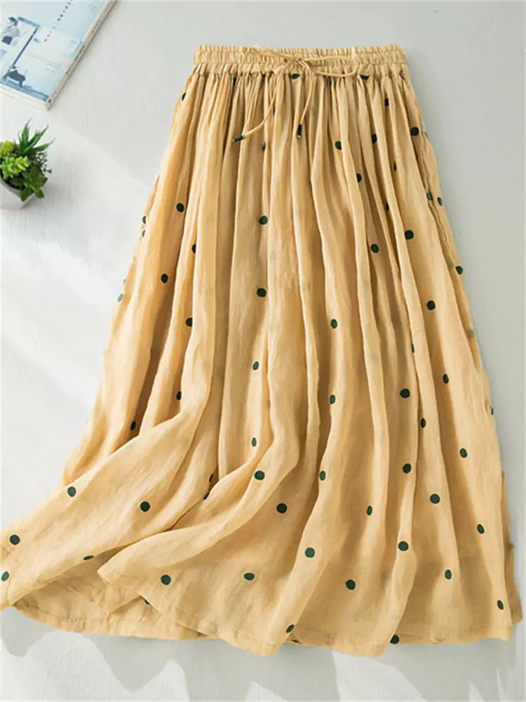 High-Waisted Double-Layer Ramie & Linen A-Line Polka Dot Maxi Skirt for Women