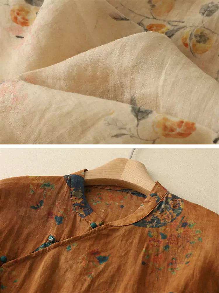 New Chinese Style Asymmetrical Placket Cotton Linen Blouse