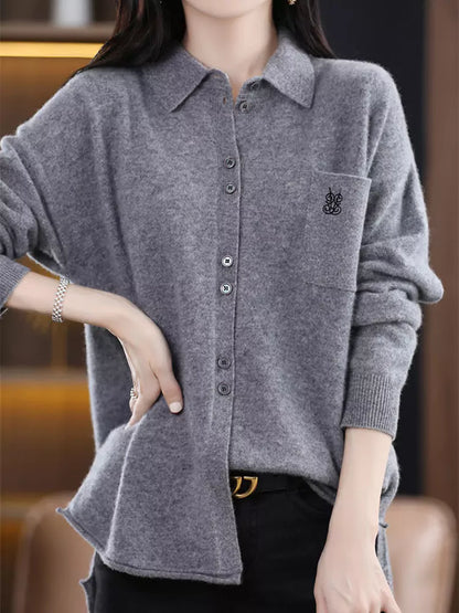 Suéter de punto con cuello polo de lana bordado estilo vintage para mujer